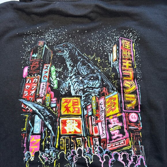 Official Toho Godzilla Hoodie Youth Large Black Neon City Kanji Back Print - Picture 5 of 11
